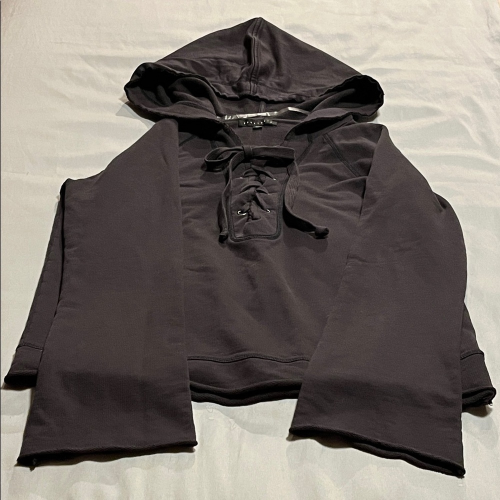 Sanctuary Dark Gray Lace-Up Hoodie Top Shirt Long Bell Sleeves Size XS